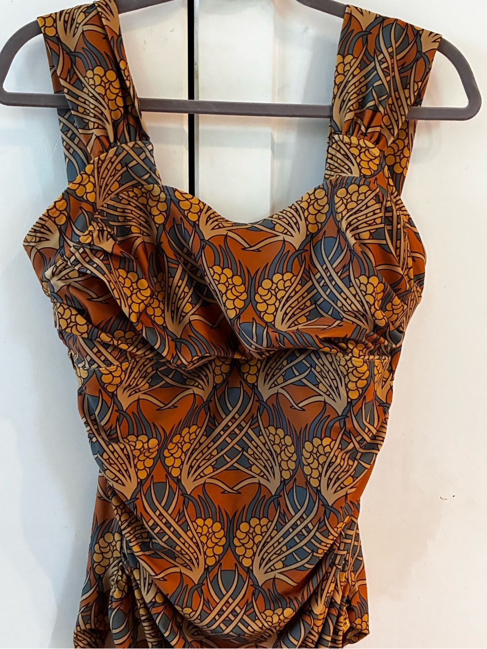 Albion swim Floral Pattern Rust & Mustard ribbed one piece swimsuit, XL